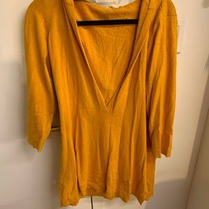 Mustard yellow Eileen Fisher hooded tunic sweater